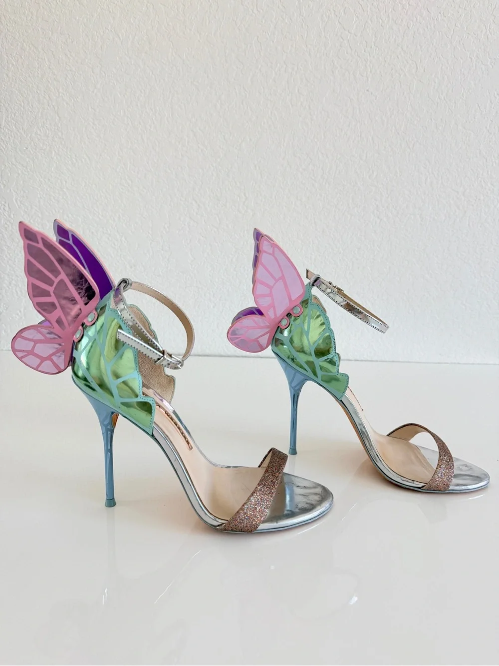 Sophia Webster Silver Heels with Pink & Purple Butterfly Wings